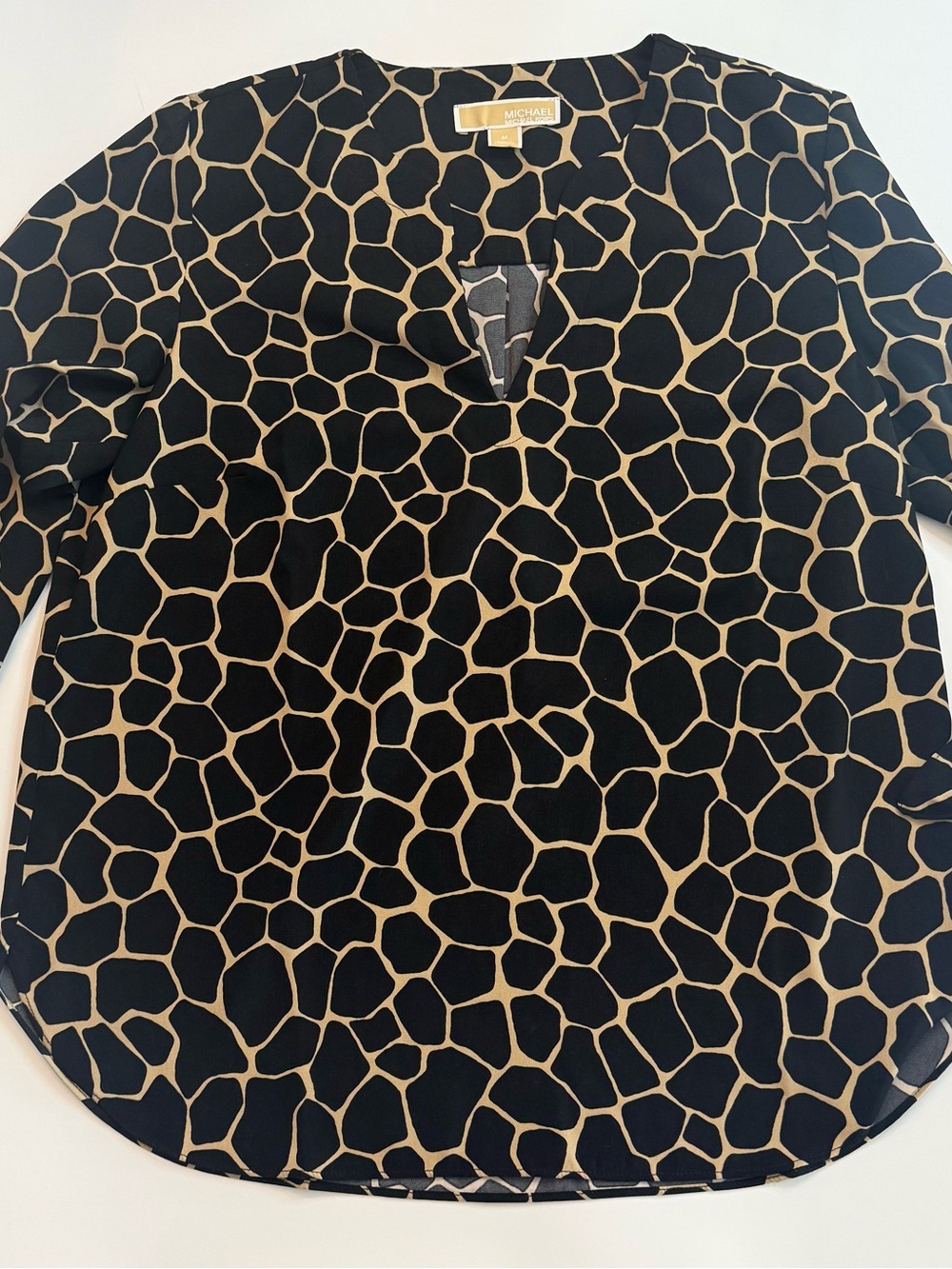 Michael Kors Black and Tan Giraffe-Print V-Neck Top
